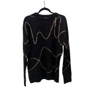 ZARA Men Black Knit Sweater Long Sleeve Abstract Pattern Pullover Size L‎